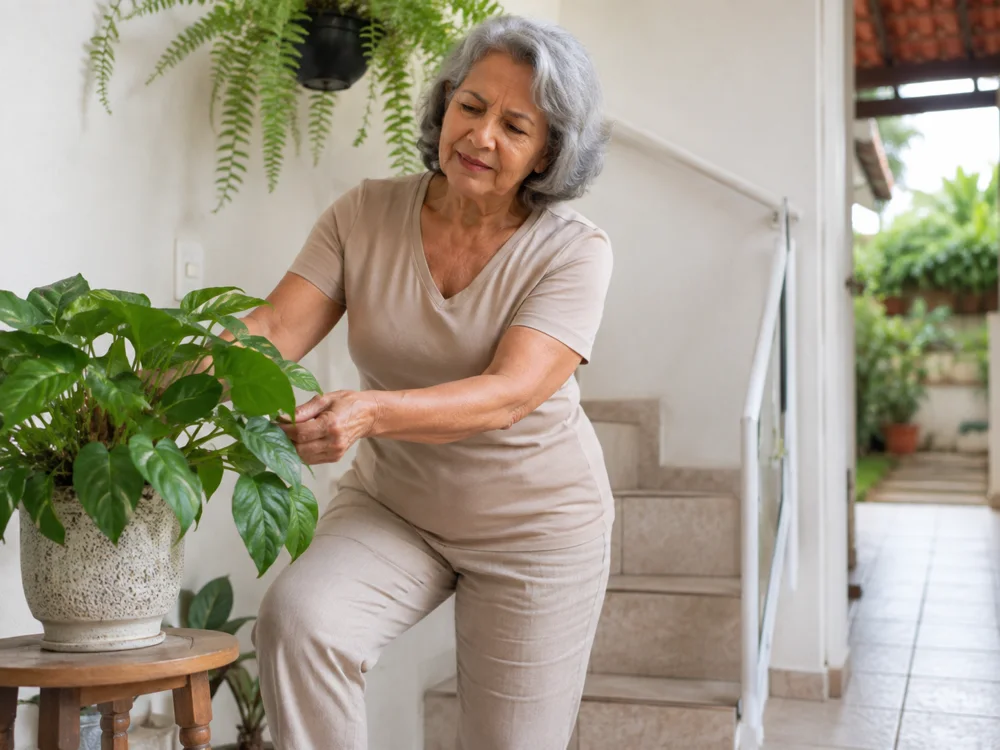 Mulher cuidando de uma planta em casa, sem desconforto aparente