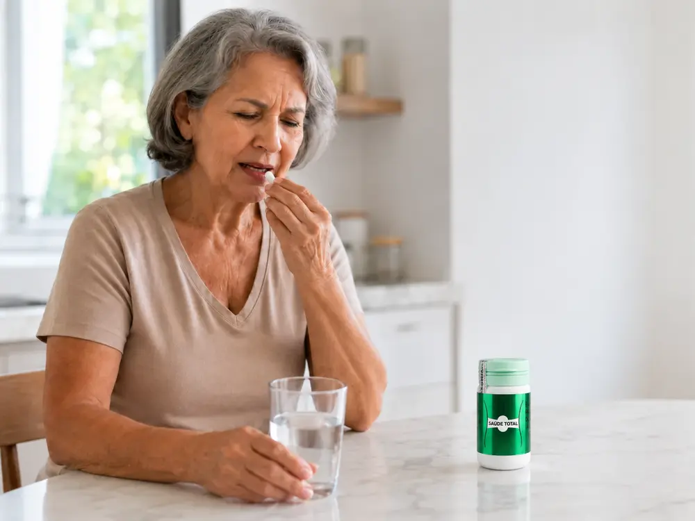 Mulher tomando uma cápsula com um copo d&rsquo;água, o frasco do Saúde Total sobre a mesa