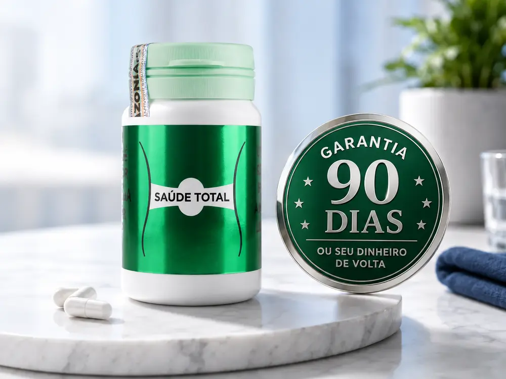Frasco do Saúde Total ao lado do selo de garantia de 90 dias